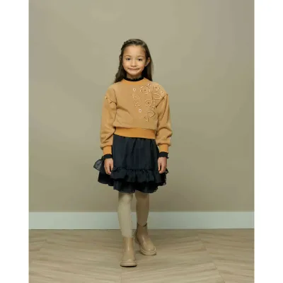 SWEAT TOP SWEATER LIGH BROWN EMBROIDERED FLOWERS WITH PEARLS / C308-5308-423