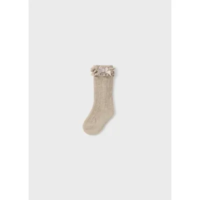 KNEEHIGH SOCKS LIGHT BROWN LACE & VELVET BOW TRIM / 10525-086