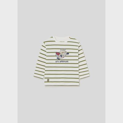 TSHIRT STRIPED CREAM & GREEN FLYING SQUIRREL PRINT LONG SLEEVE / 2028-042