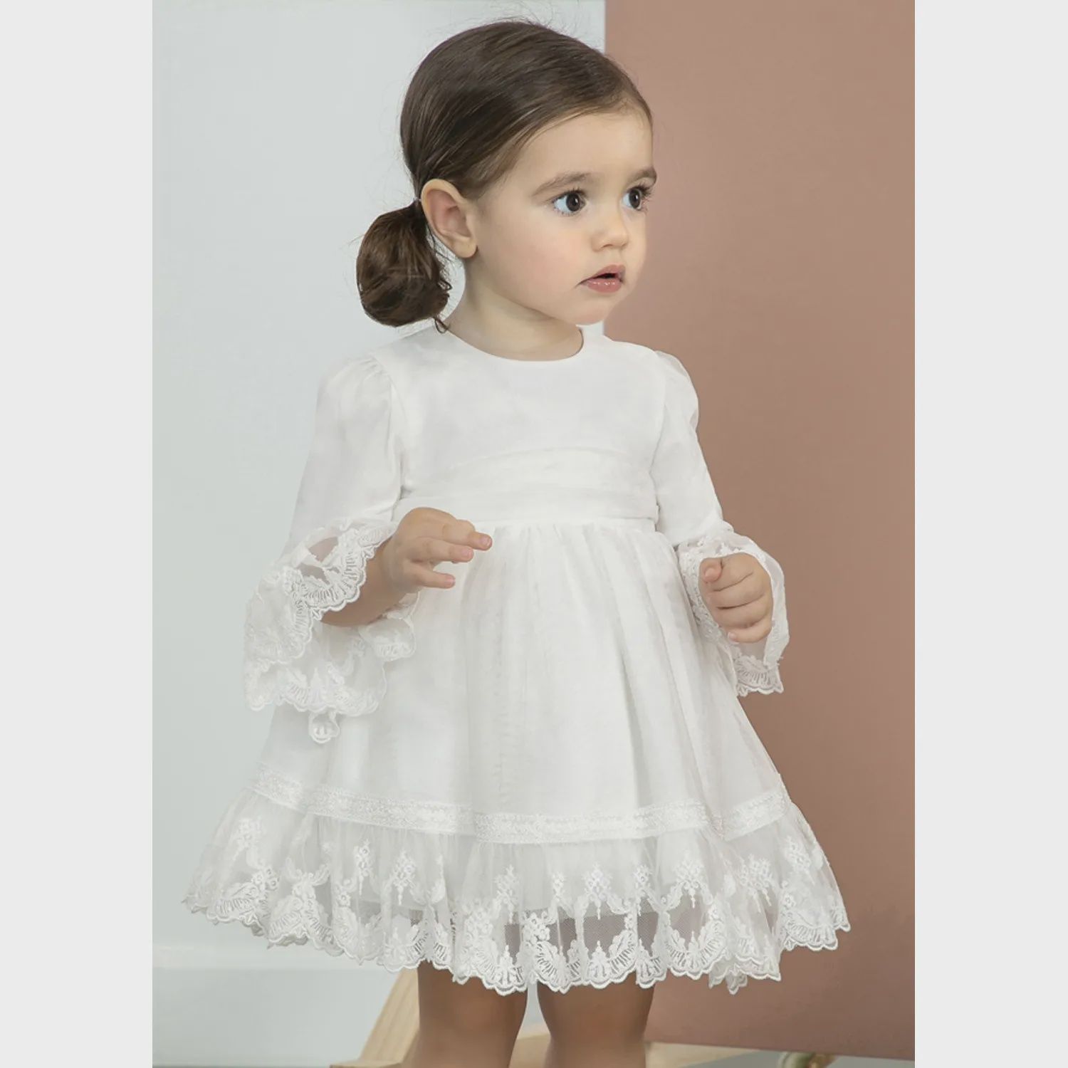 DRESS CREAM EMBOIDERED TULLE HEM & SLEEVES / 5508-002