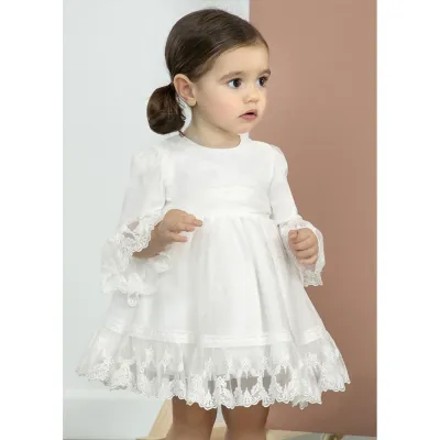 DRESS CREAM EMBOIDERED TULLE HEM & SLEEVES / 5508-002