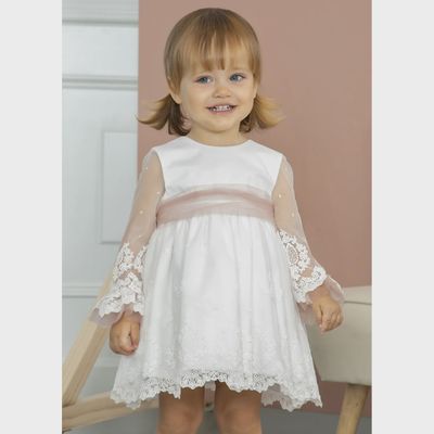 DRESS CREAM PINK SASH EMBROIDERED TULLE / 5501-001