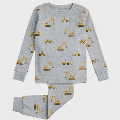 2PC PYJAMA HEATHER GREY YELLOW CONSTRUCTION EQUIPMENT PRINT / 23FRS18Q03K