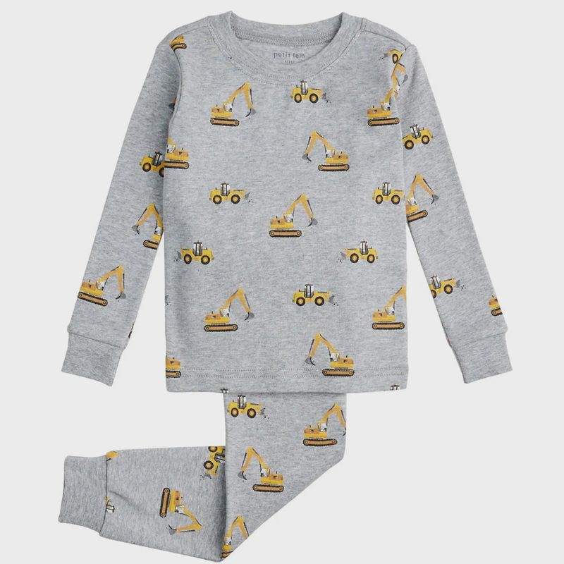 2PC PYJAMA HEATHER GREY YELLOW CONSTRUCTION EQUIPMENT PRINT / 23FRS18Q03K