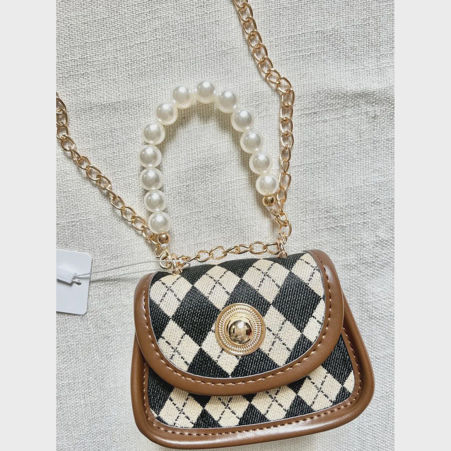 PURSE BROWN LEATHER BLACK& BEIGE DIAMOND PRINT / PS-321065