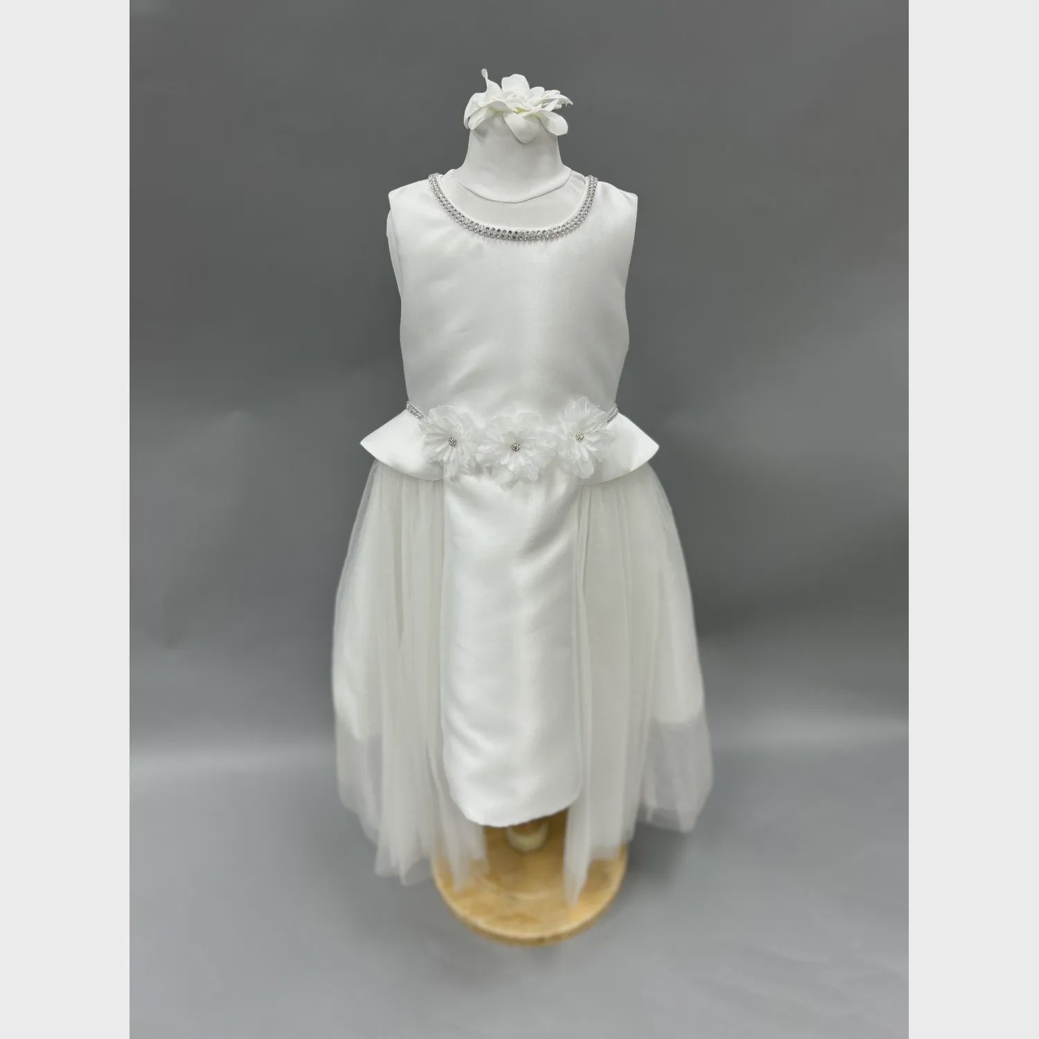 DRESS OFF WHITE SATIN TULLE OVERSKIRT FLOWER & RHINESTONE TRIM / 1838B