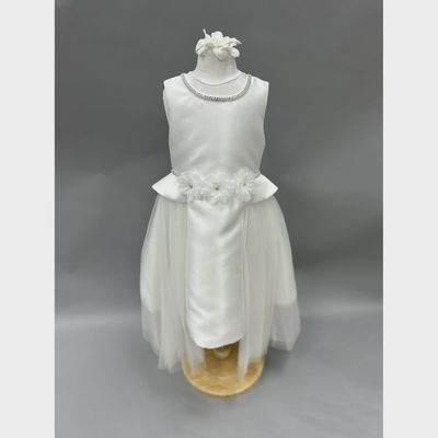 DRESS OFF WHITE SATIN TULLE OVERSKIRT FLOWER & RHINESTONE TRIM / 1838B