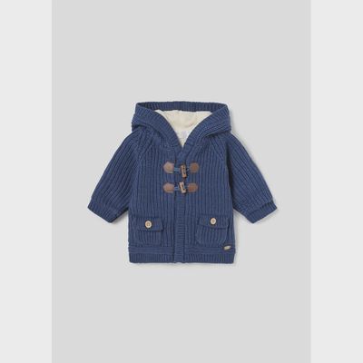 HOODED KNIT CARDIGAN BLUE CREAM VELOUR LINING 2 POCKETS / 2302-029