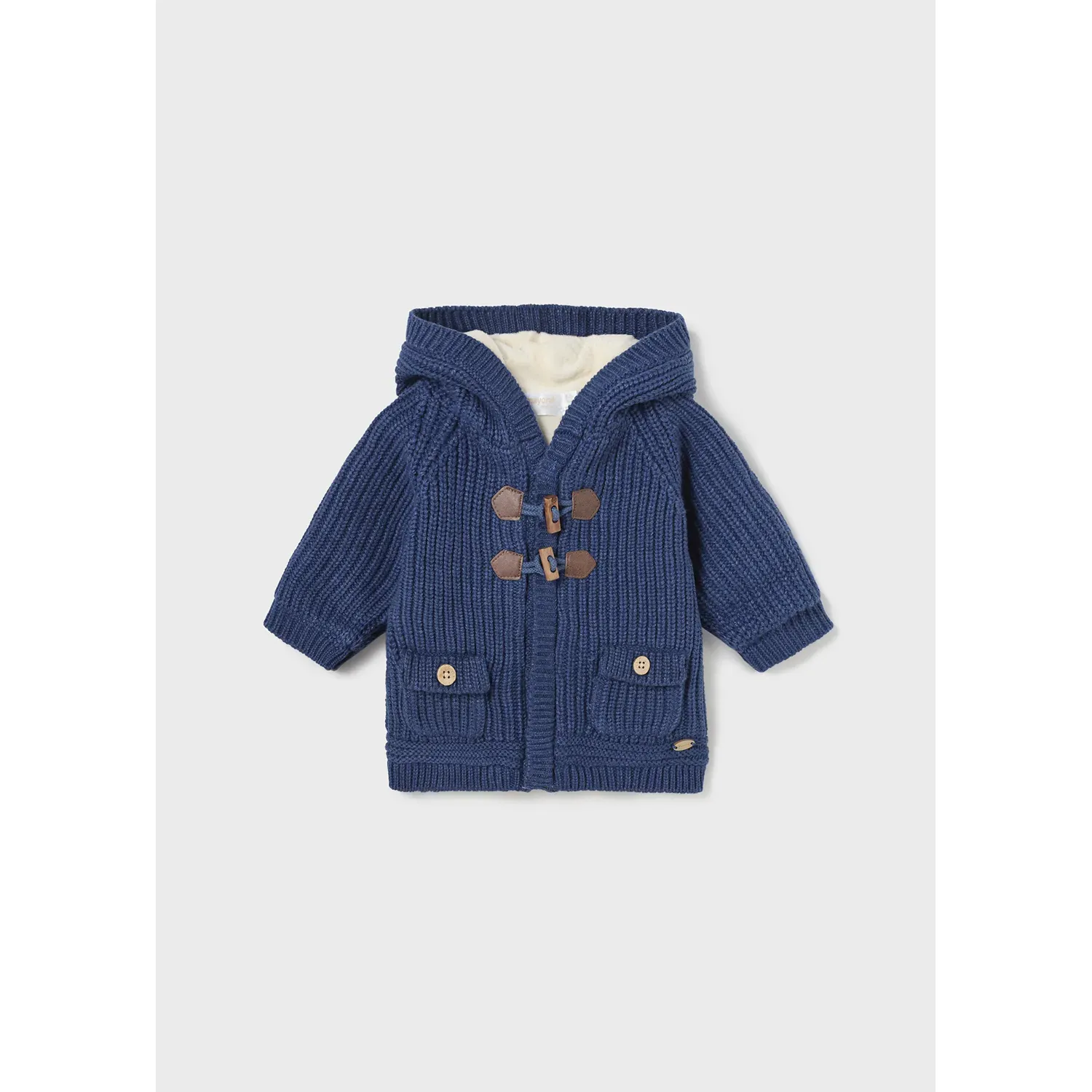 HOODED KNIT CARDIGAN BLUE CREAM VELOUR LINING 2 POCKETS / 2302-029