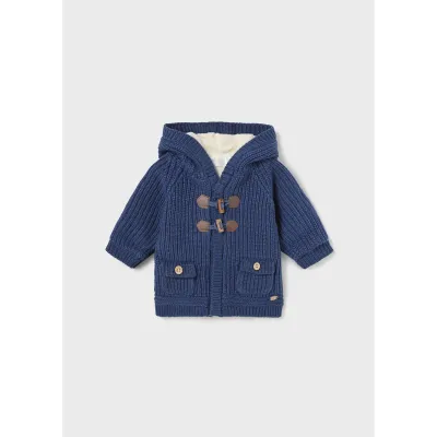 HOODED KNIT CARDIGAN BLUE CREAM VELOUR LINING 2 POCKETS / 2302-029