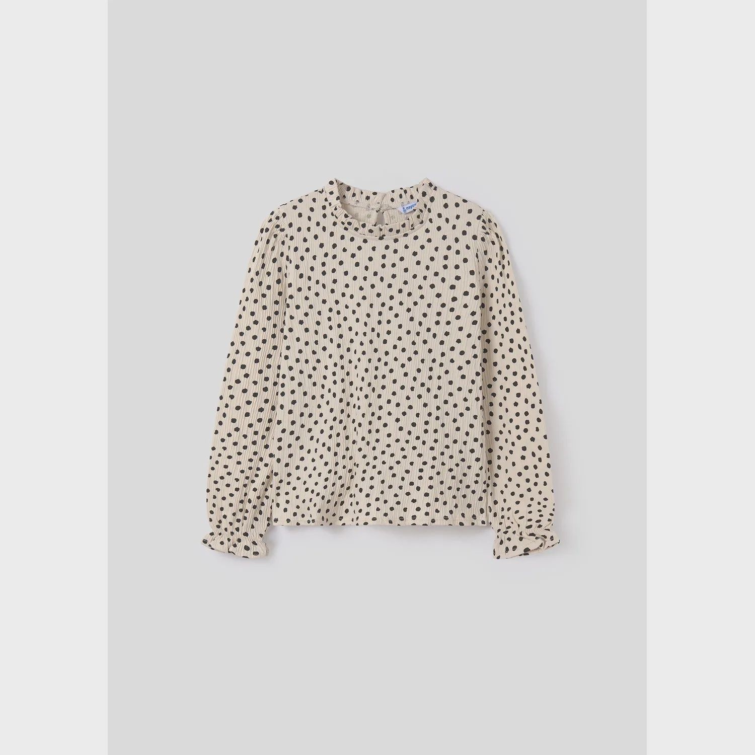 TSHIRT CREAM WITH BLACK DOT PRINT RUFFLE COLLAR EDGING / 7050-076
