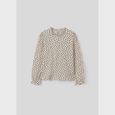 TSHIRT CREAM WITH BLACK DOT PRINT RUFFLE COLLAR EDGING / 7050-076
