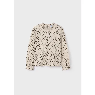 TSHIRT CREAM WITH BLACK DOT PRINT RUFFLE COLLAR EDGING / 7050-076