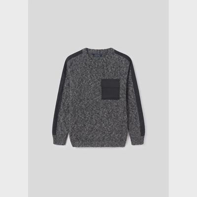KNIT PULLOVER BLACK CABLESTITCH & POCKET / 7384-030