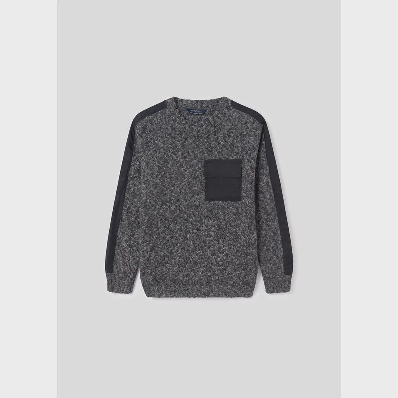 KNIT PULLOVER BLACK CABLESTITCH & POCKET / 7384-030