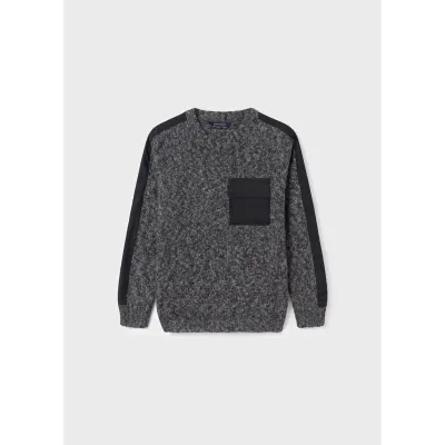 KNIT PULLOVER BLACK CABLESTITCH & POCKET / 7384-030