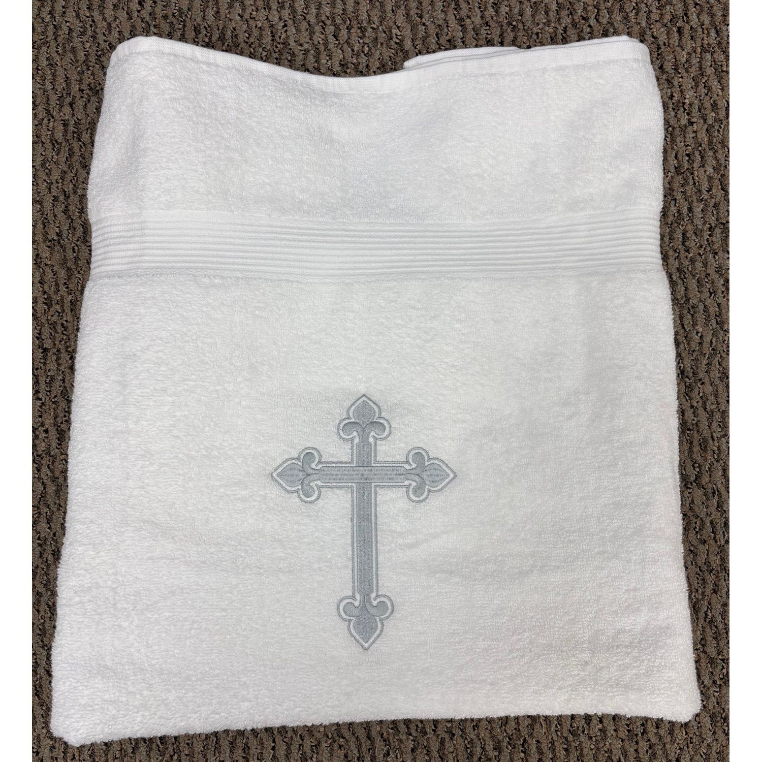 WHITE BAPTISM TOWEL SILVER CROSS TERRYCLOTH / 6430