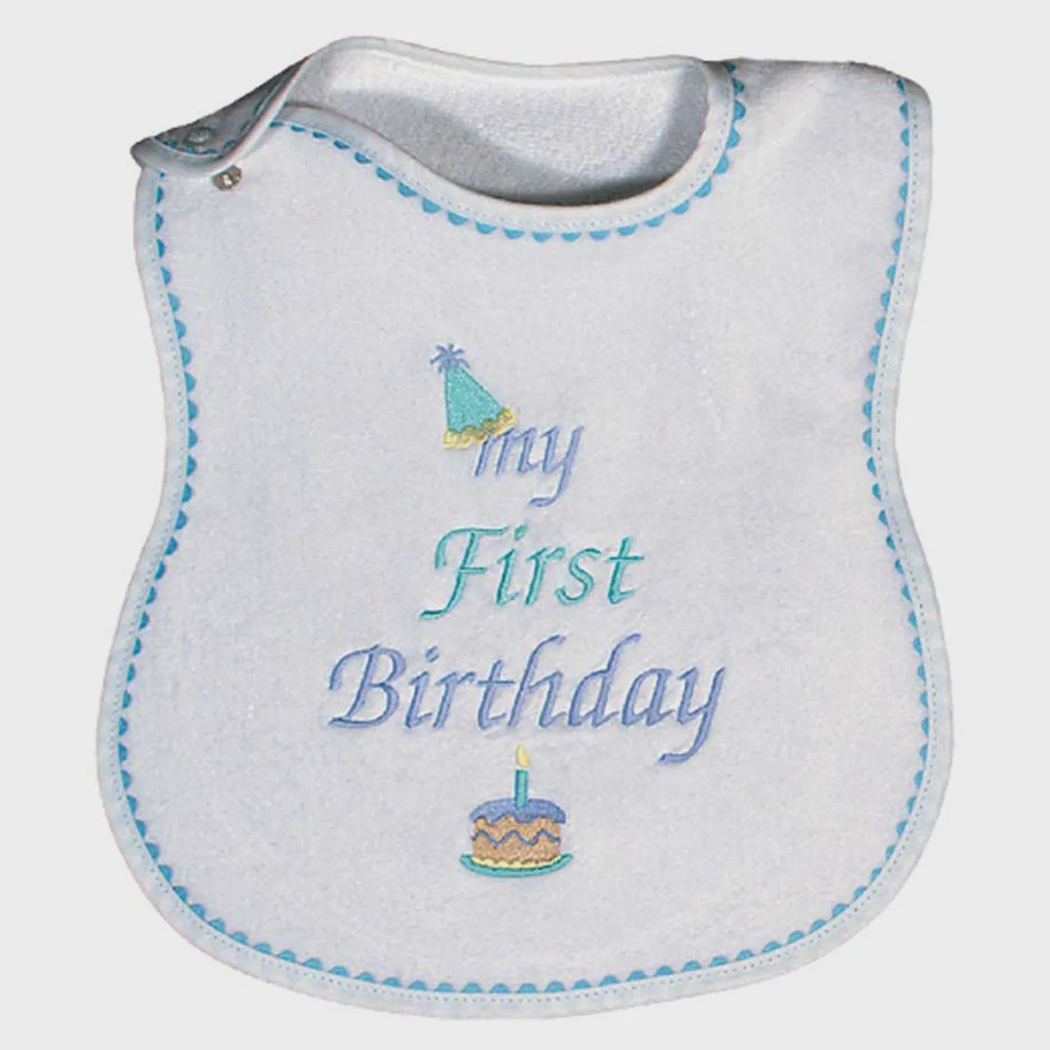 BIB WHITE TERRY BLUE TRIM MY FIRST BIRTHDAY / 6003