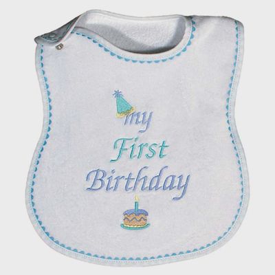 BIB WHITE TERRY BLUE TRIM MY FIRST BIRTHDAY / 6003