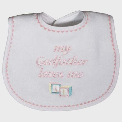 BIB WHITE PINK TRIM MY GODFATHER LOVES ME EMBRODIERY