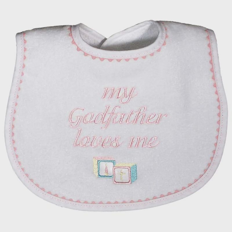 BIB WHITE PINK TRIM MY GODFATHER LOVES ME EMBRODIERY
