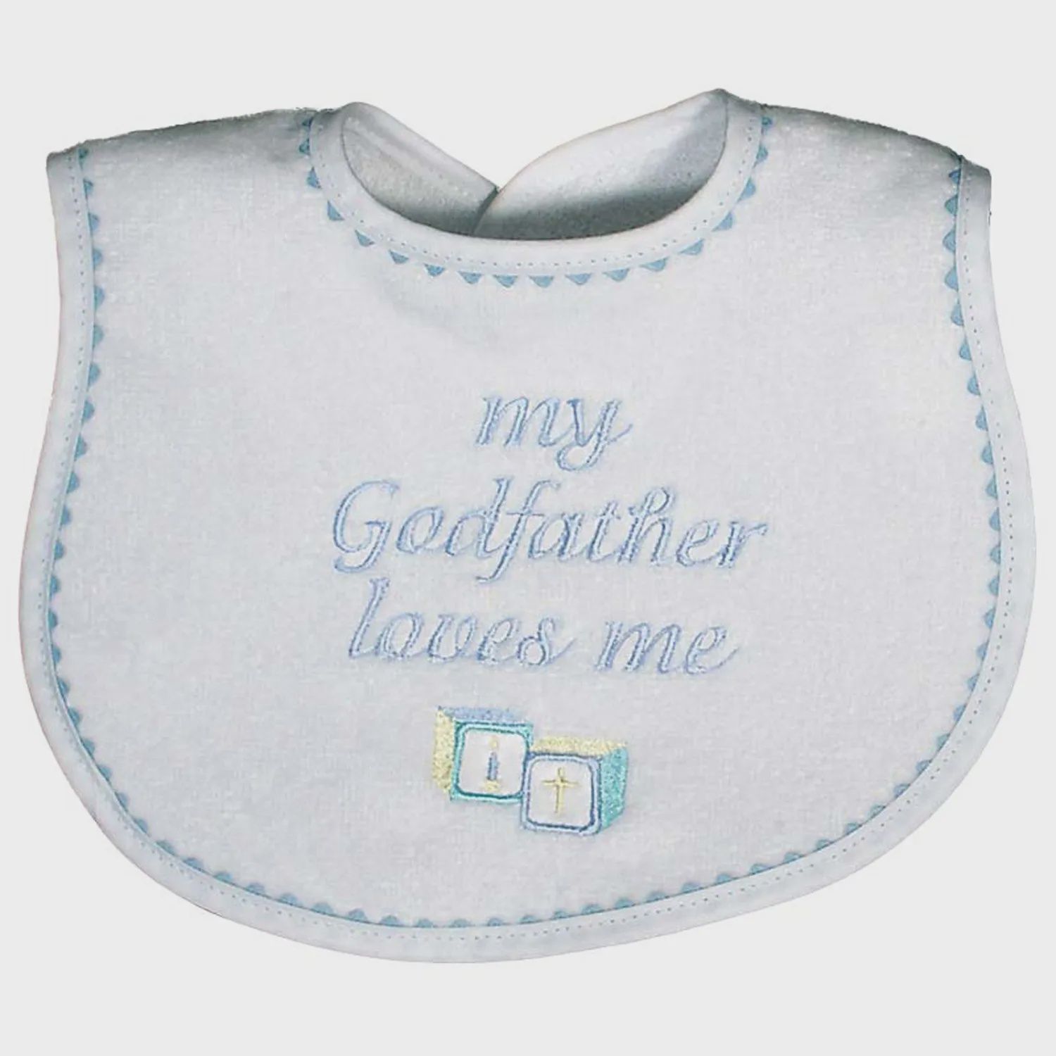 BIB WHITE BLUE TRIM MY GODFATHER LOVES ME EMBROIDERY / 6690