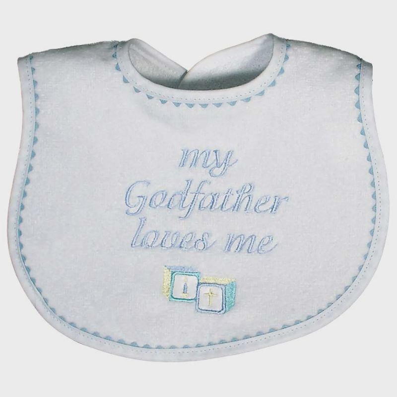 BIB WHITE BLUE TRIM MY GODFATHER LOVES ME EMBROIDERY / 6690
