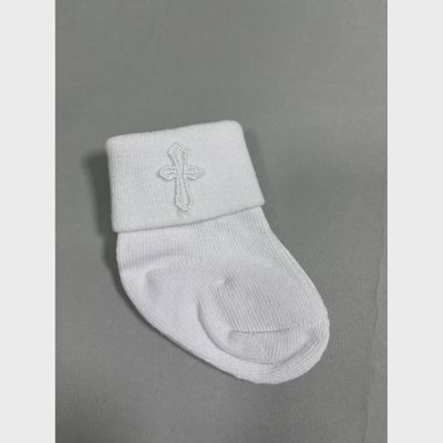 WHITE BOYS SOCK CUFF & CROSS EMBROIDERY 0-6M 6-12M 12-18M / EK115