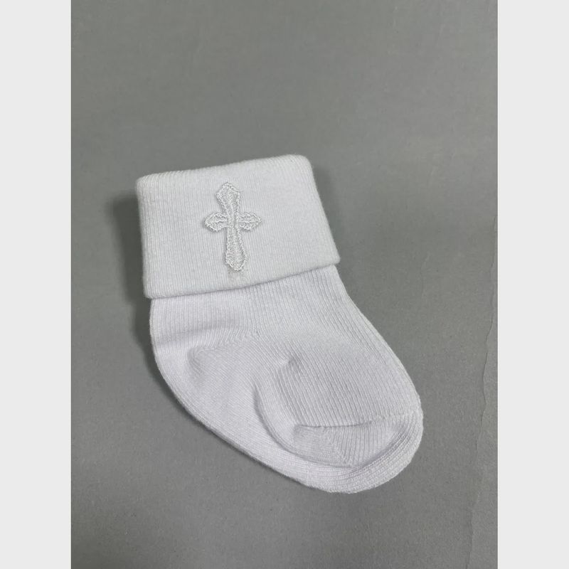WHITE BOYS SOCK CUFF & CROSS EMBROIDERY 0-6M 6-12M 12-18M / EK115
