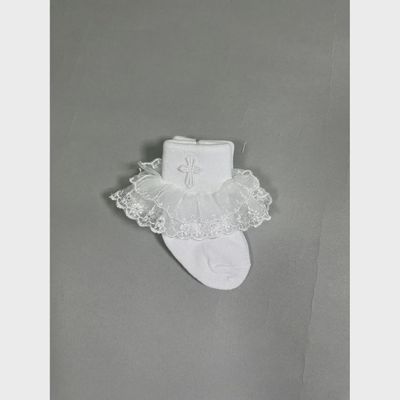 WHITE GIRL'S SOCK RUFFLE & CROSS EMBROIDERY 0-6M 6-12M-12-18M / FK-112