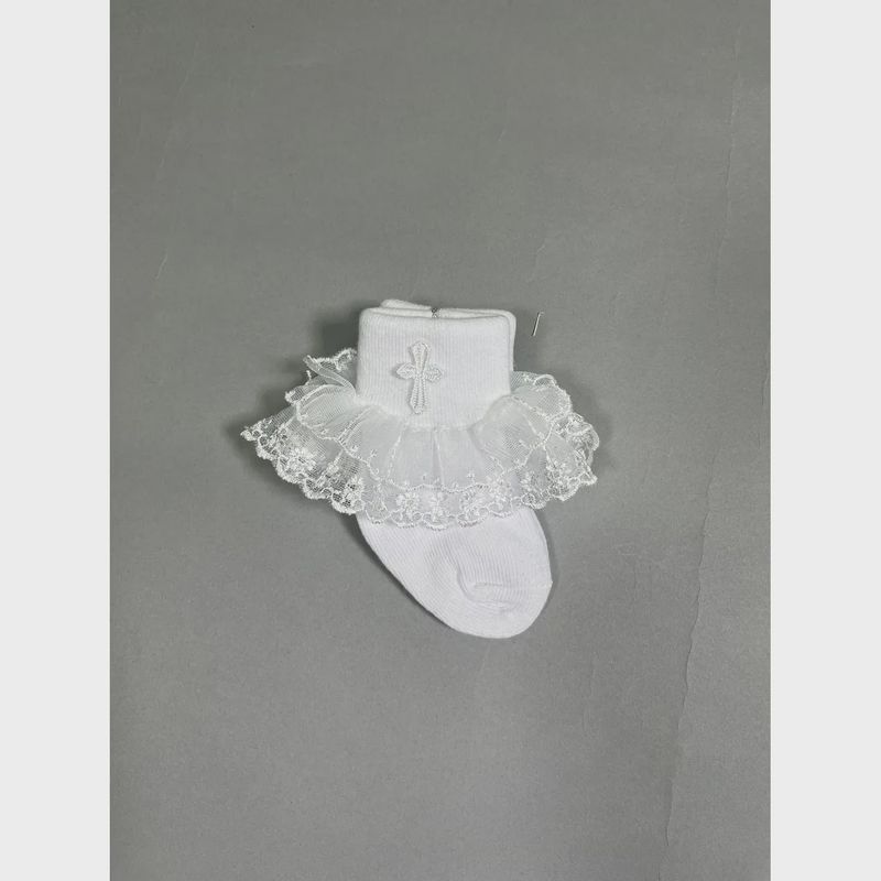 WHITE GIRL'S SOCK RUFFLE & CROSS EMBROIDERY 0-6M 6-12M-12-18M / FK-112