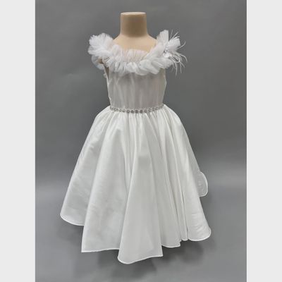DRESS WHITE RUFFLE TRIM VBACK RHINESTONE TRIM / R650
