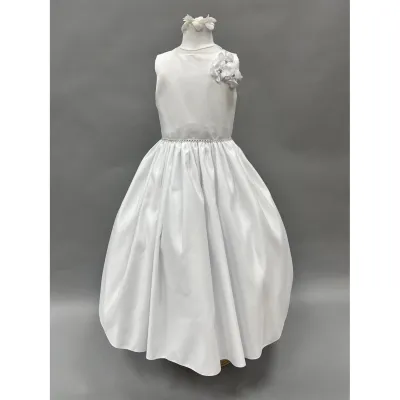 DRESS WHITE TAFFETTA 3 FLOWERS ON BODICE SLEEVELESS / R21110