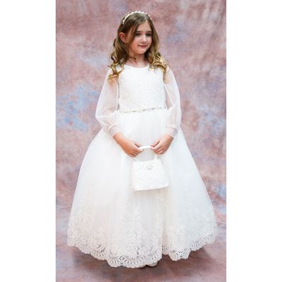 DRESS IVORY LACE & SEQUIN TULLE EMBROIDERED BODICE & SKIRT V BACK & BOW TRIM PEARL & RHINESTONE WAISTBAND / 4450 DRESS IVORY LACE & SEQUIN TULLE EMBROIDERED BODICE & SKIRT V BACK & BOW TRIM PEARL & RHINESTONE WAISTBAND / 4450