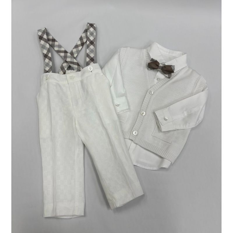 4PC KNIT VEST SET WHITE BROWN & PLAID BOWTIE & SUSPENDERS FORMAL / GA70155