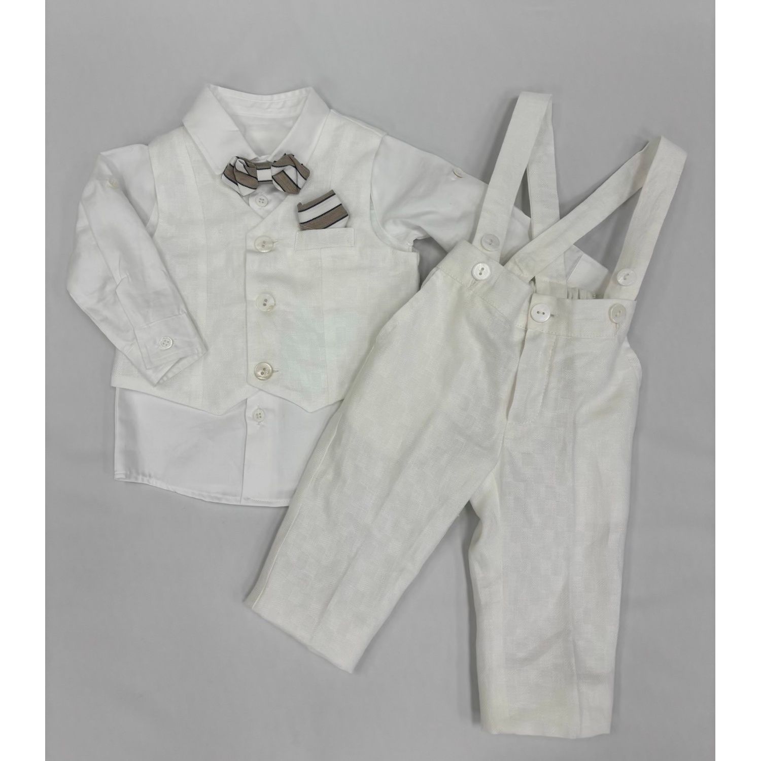 4PC VEST SET OFF WHITE BROWN STRIPED BOWTIE BAPTISM WITH STRAPS / GA72361
