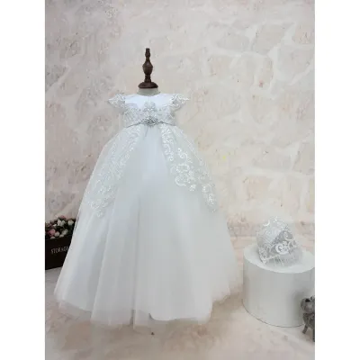 BAPTISM / CHRISTING GOWN OFFWHITE LACE & SEQUIN OVERSKIRT TULLE SKIRT HAT & BOW TRIM RHINESTONE TRIM / Y23096