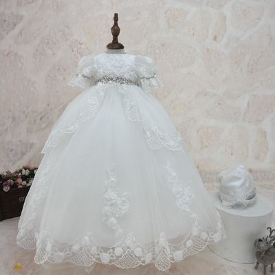 BAPTISM / CHRISTING GOWN OFF WHITE EMBBRODIERED TULLE PEARL & FLOWER APPLIQUE BOW & HAT / Y23114