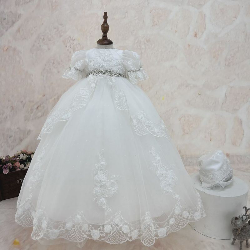 BAPTISM / CHRISTING GOWN OFF WHITE EMBBRODIERED TULLE PEARL & FLOWER APPLIQUE BOW & HAT / Y23114