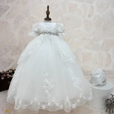 BAPTISM / CHRISTING GOWN OFF WHITE EMBBRODIERED TULLE PEARL & FLOWER APPLIQUE BOW & HAT / Y23114