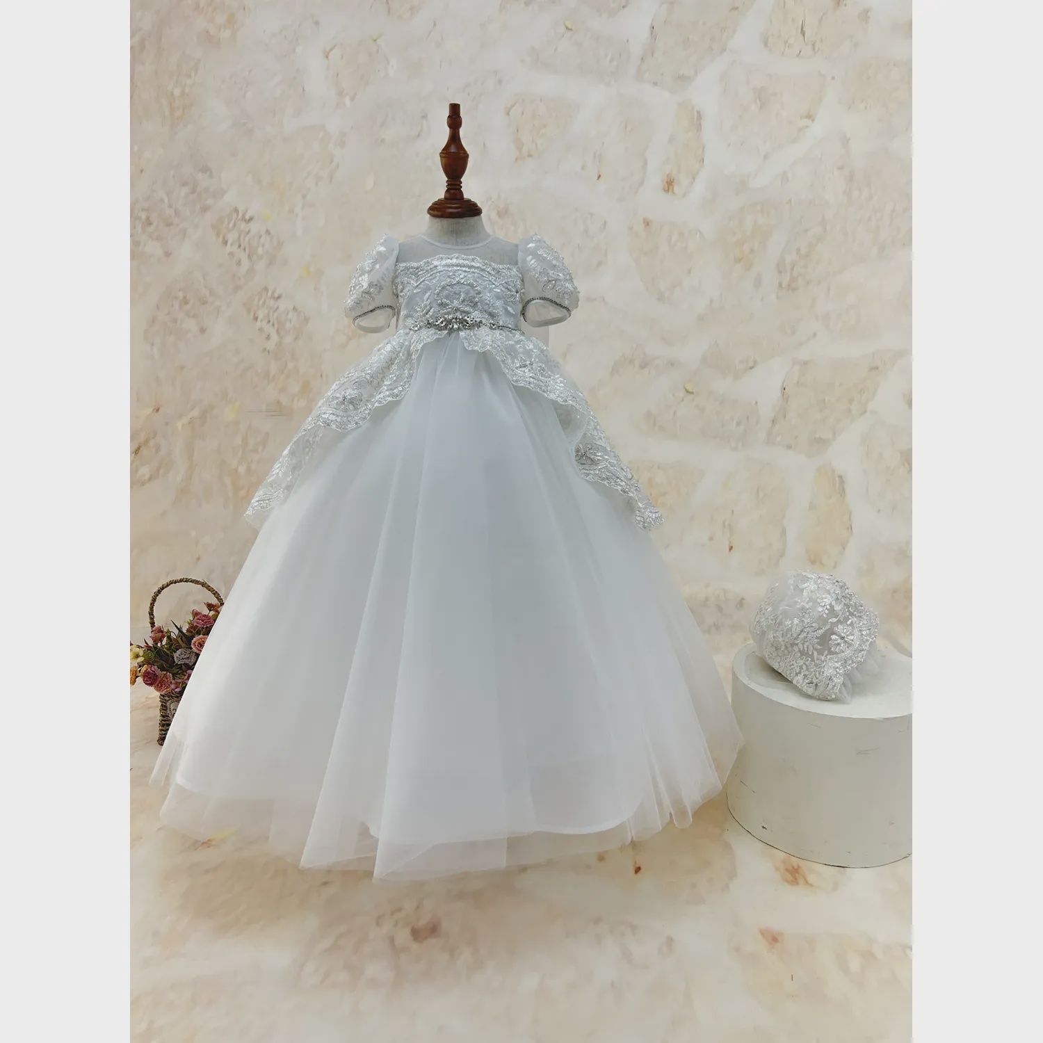 BAPTISM / CHRISTING GOWN OFF WHITE & SILVER EMBROIDERED OVERSKIRT BOW & HAT / Y23135
