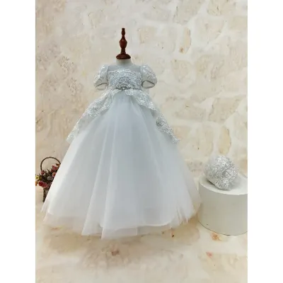 BAPTISM / CHRISTING GOWN OFF WHITE & SILVER EMBROIDERED OVERSKIRT BOW & HAT / Y23135
