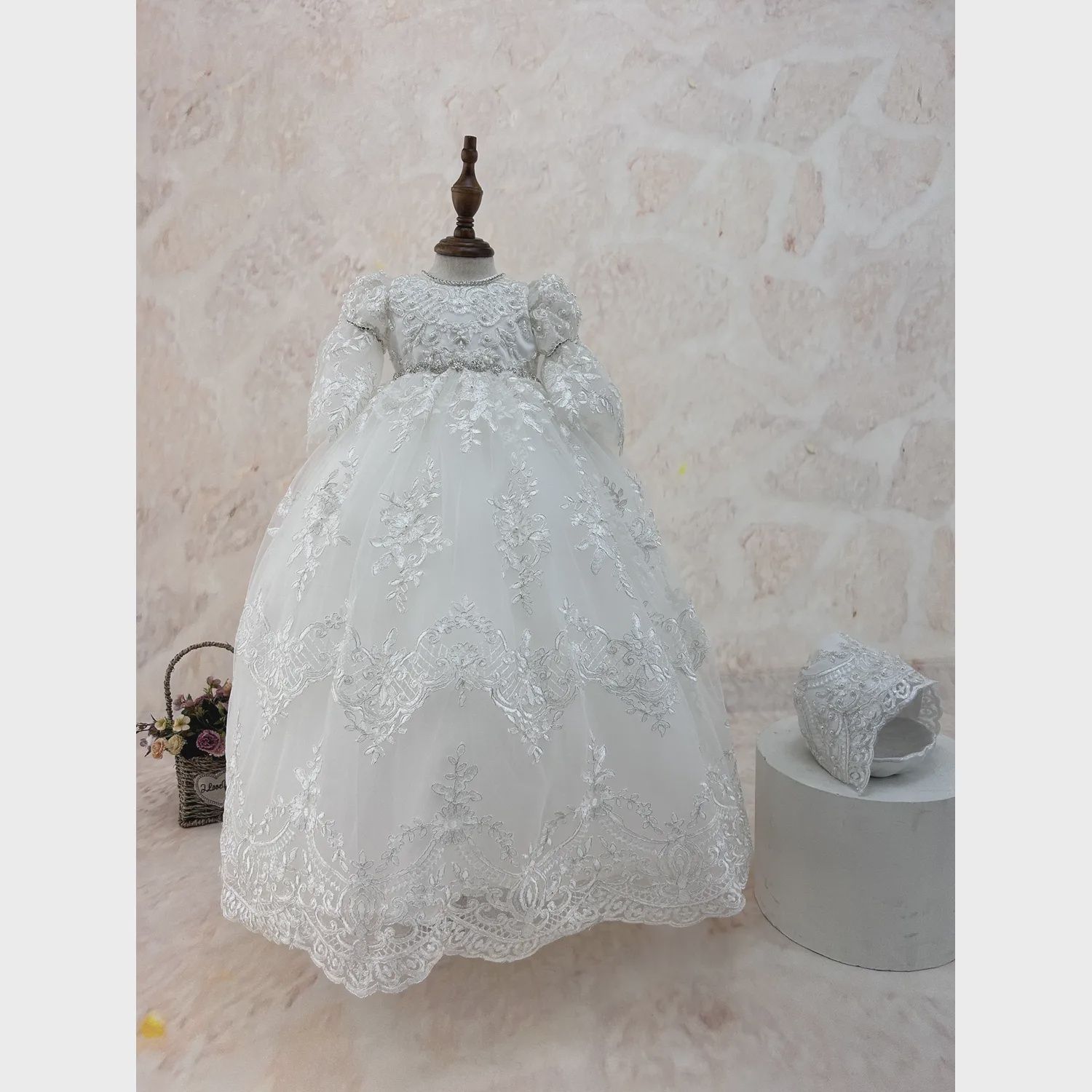 BAPTISM / CHRISTING GOWN & HAT OFF WHITE EMBROIDERED TULLE SILVER THREAD ALLOVER-BOW-RHINESTONE BELT / Y23119