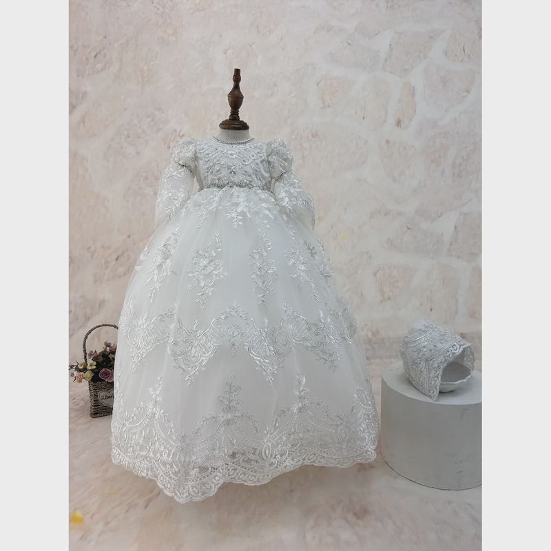 BAPTISM / CHRISTING GOWN & HAT OFF WHITE EMBROIDERED TULLE SILVER THREAD ALLOVER-BOW-RHINESTONE BELT / Y23119