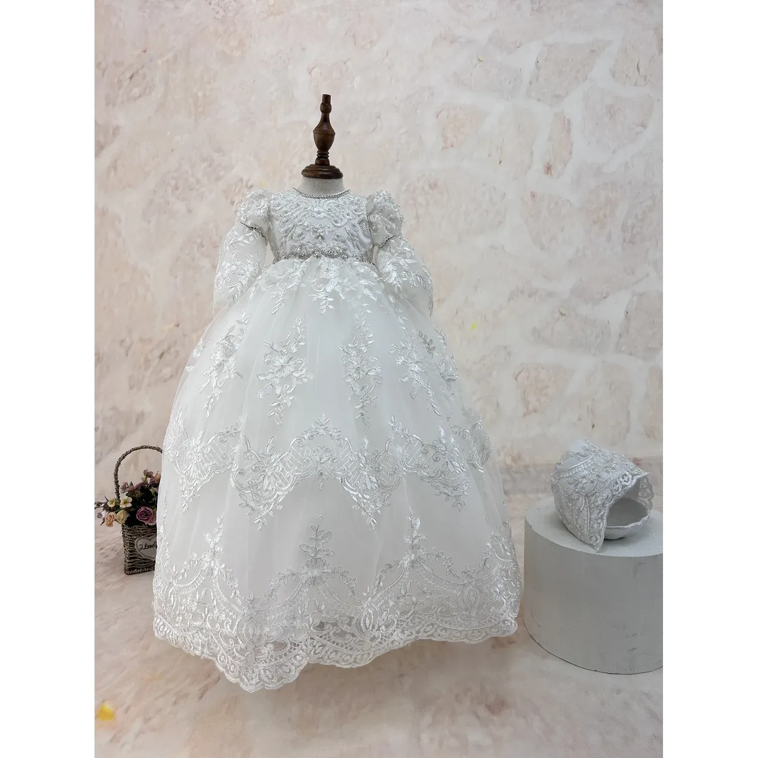 BAPTISM / CHRISTING GOWN & HAT OFF WHITE EMBROIDERED TULLE SILVER THREAD ALLOVER-BOW-RHINESTONE BELT / Y23119