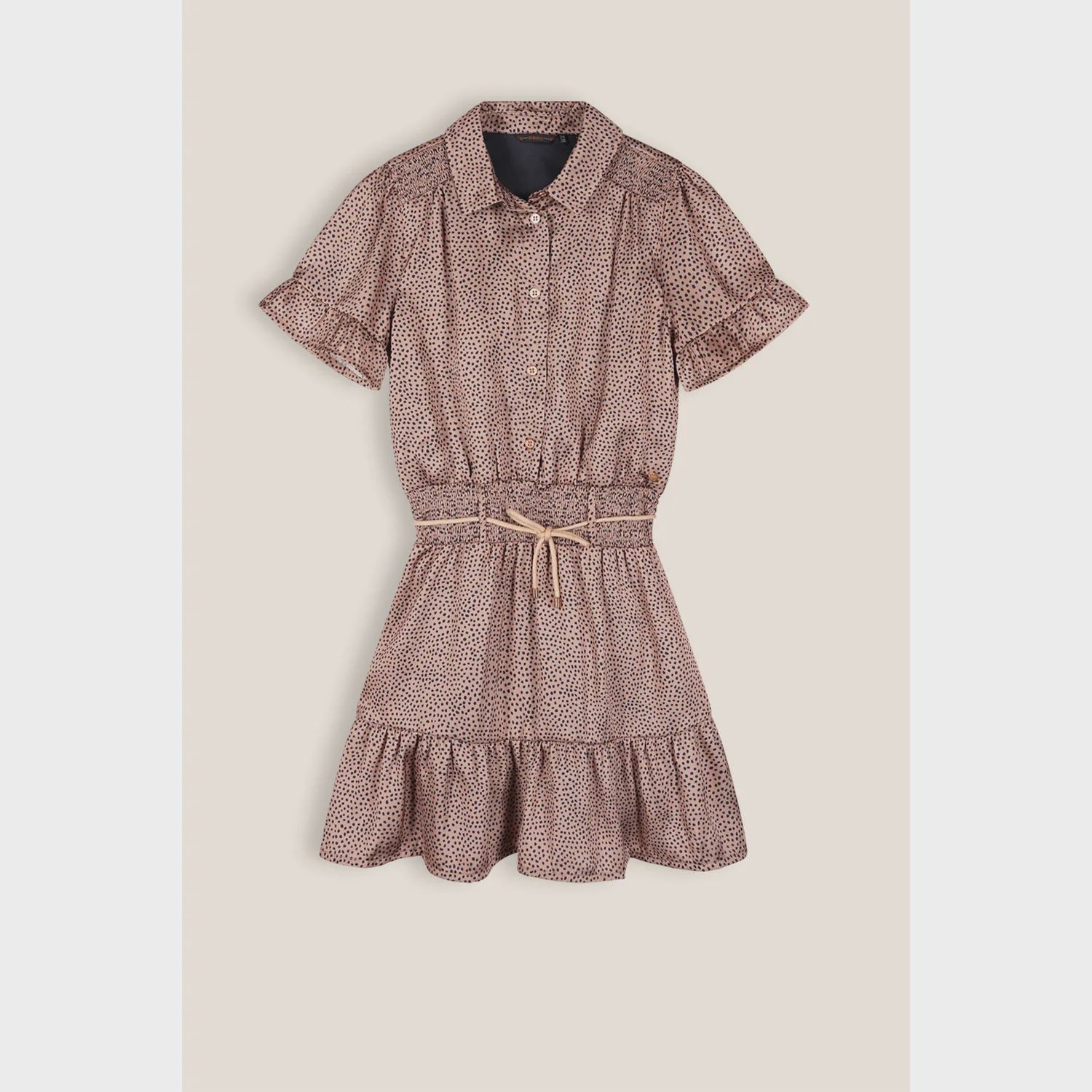 2 PC DRESS & ROPE BELT SAND BLUSH BLACK DOT PRINT SHORT SLEEVE / N312-5804-427