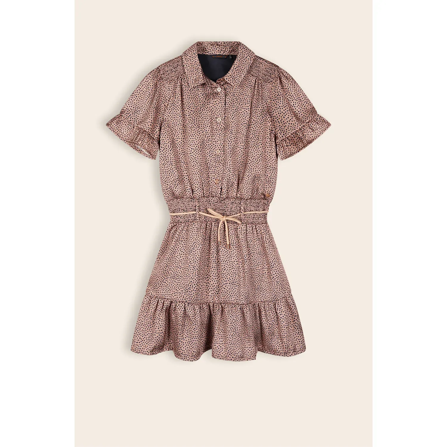 2 PC DRESS & ROPE BELT SAND BLUSH BLACK DOT PRINT SHORT SLEEVE / N312-5804-427