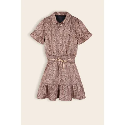 2 PC DRESS & ROPE BELT SAND BLUSH BLACK DOT PRINT SHORT SLEEVE / N312-5804-427