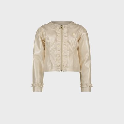 JACKET PEARLED IVORY FAKE LEATHER RUFFLE TRIM & ZIP CLOSURE / C312-5121-008