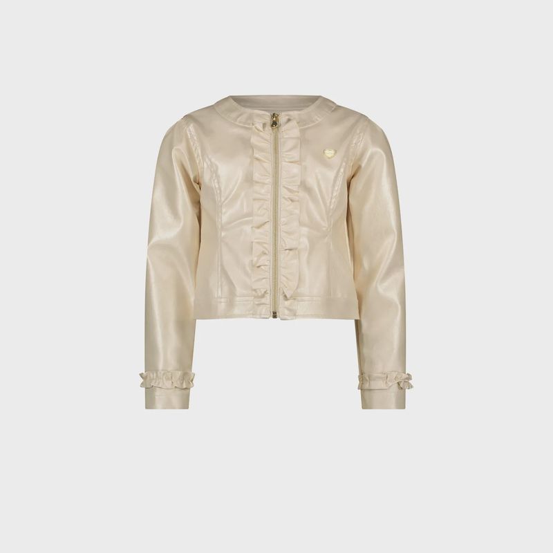 JACKET PEARLED IVORY FAKE LEATHER RUFFLE TRIM & ZIP CLOSURE / C312-5121-008